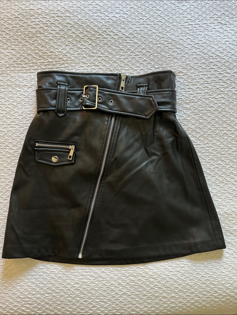 Zara Black Faux Leather Belted Mini Skirt with Zip Detail